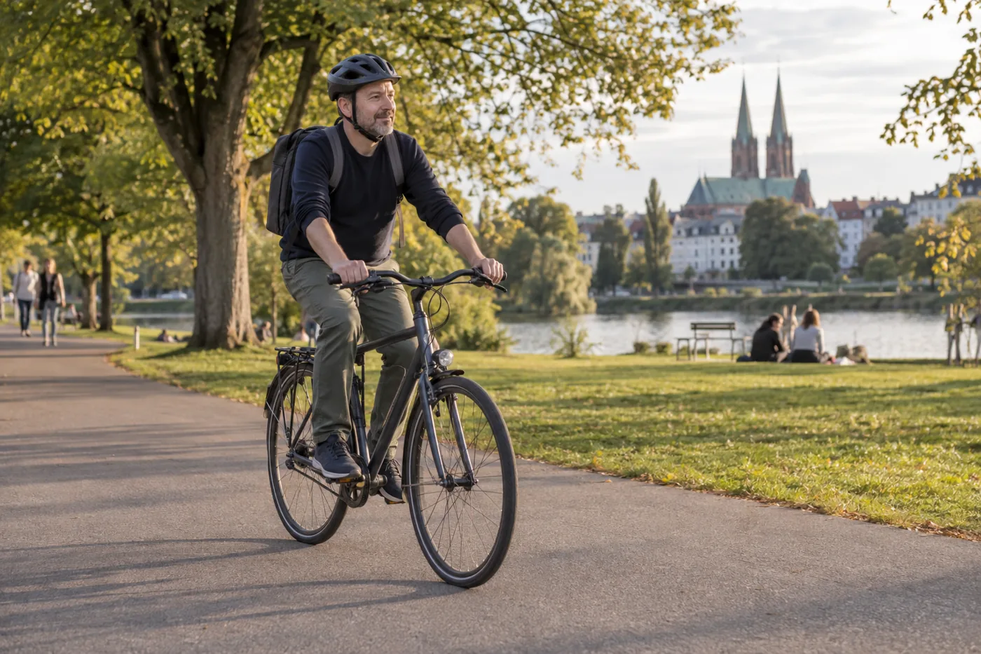 Mann fährt in ruhigem Tempo mit dem Rad auf einem Parkweg