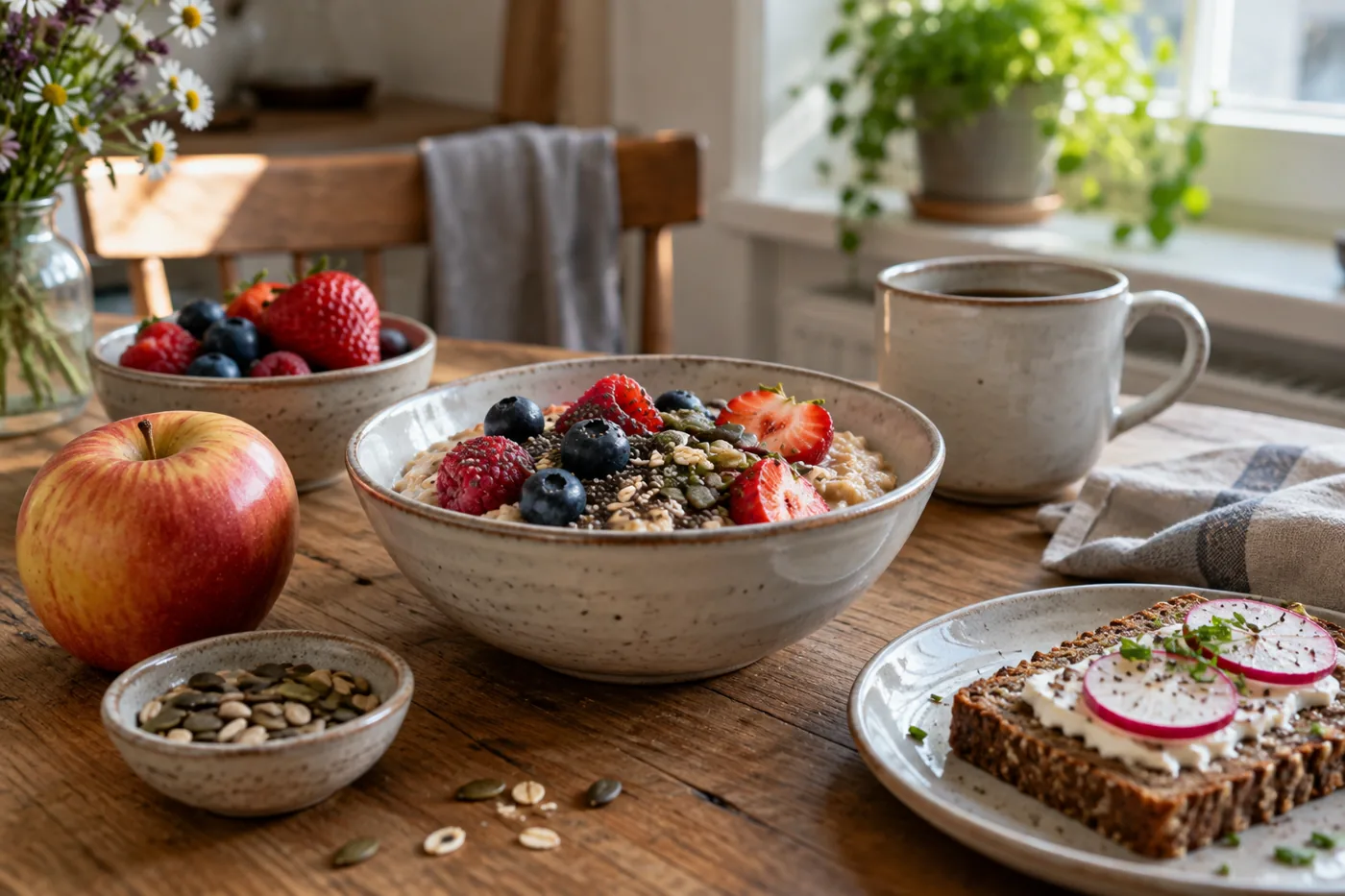 Haferfrühstück mit Beeren, Obst und Vollkornbrot auf einem Küchentisch