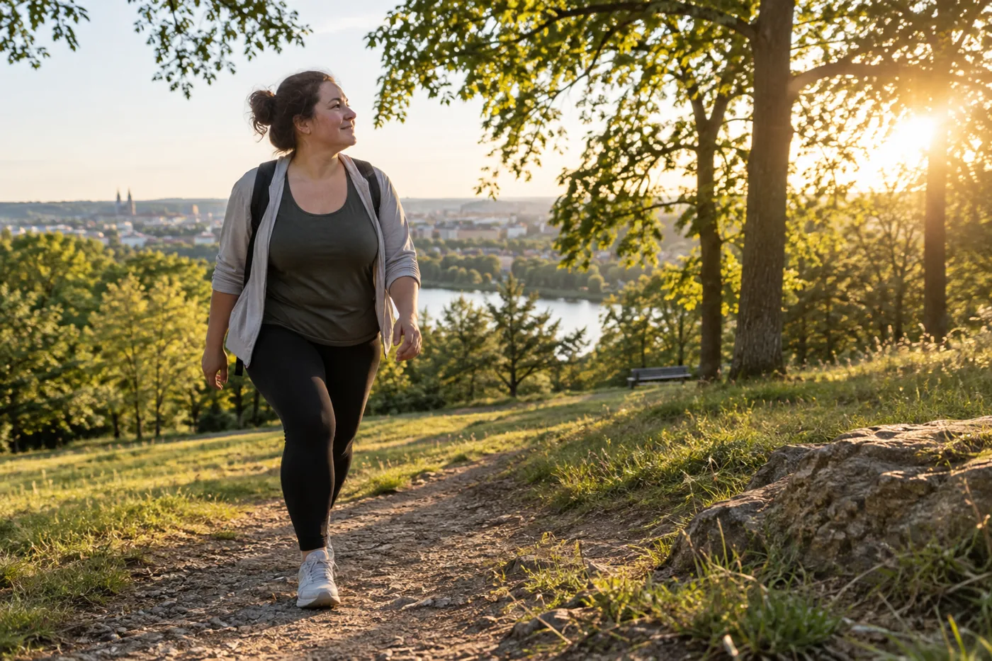 Frau genießt einen Spaziergang auf einem sanften Hügelweg