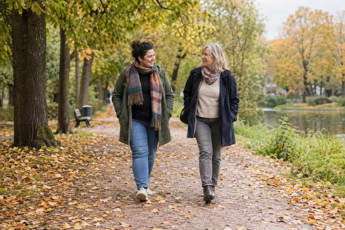 Zwei Frauen gehen gemeinsam auf einem Weg durch einen herbstlichen Park