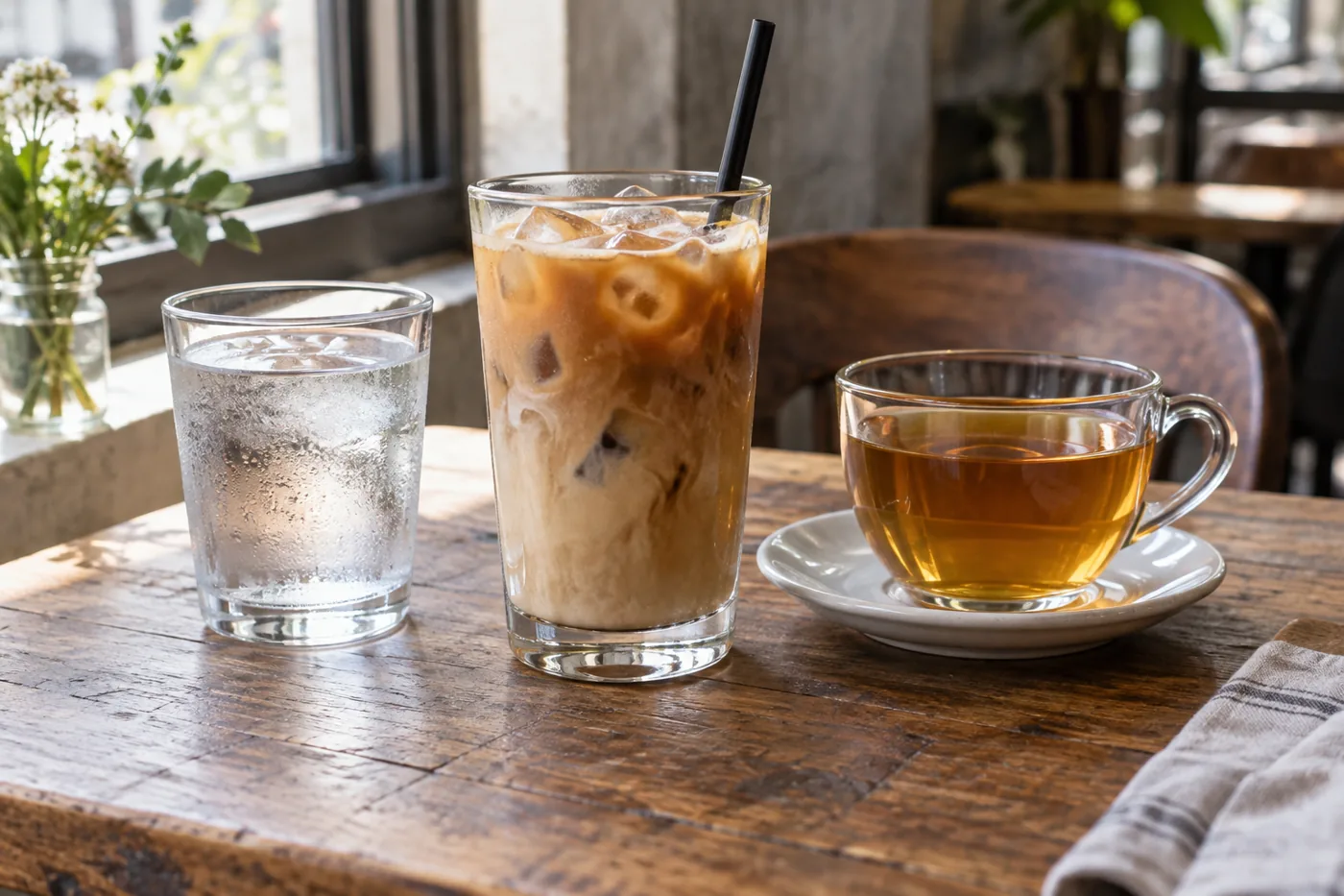 Wasser, Eiskaffee und Tee stehen nebeneinander auf einem Cafétisch