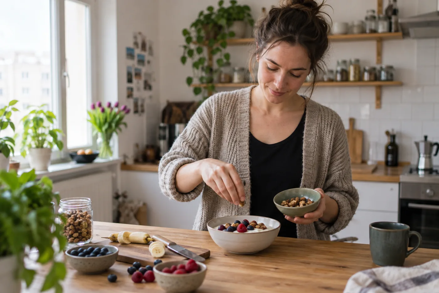 Frau bereitet sich Joghurt mit Beeren und Nüssen als Snack zu