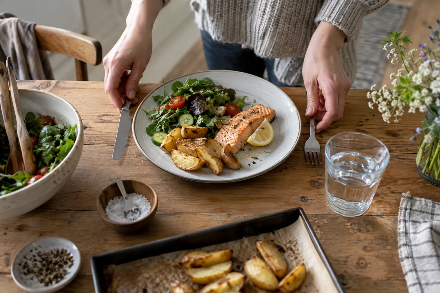 Person stellt ein ausgewogenes Mittagessen auf den Küchentisch