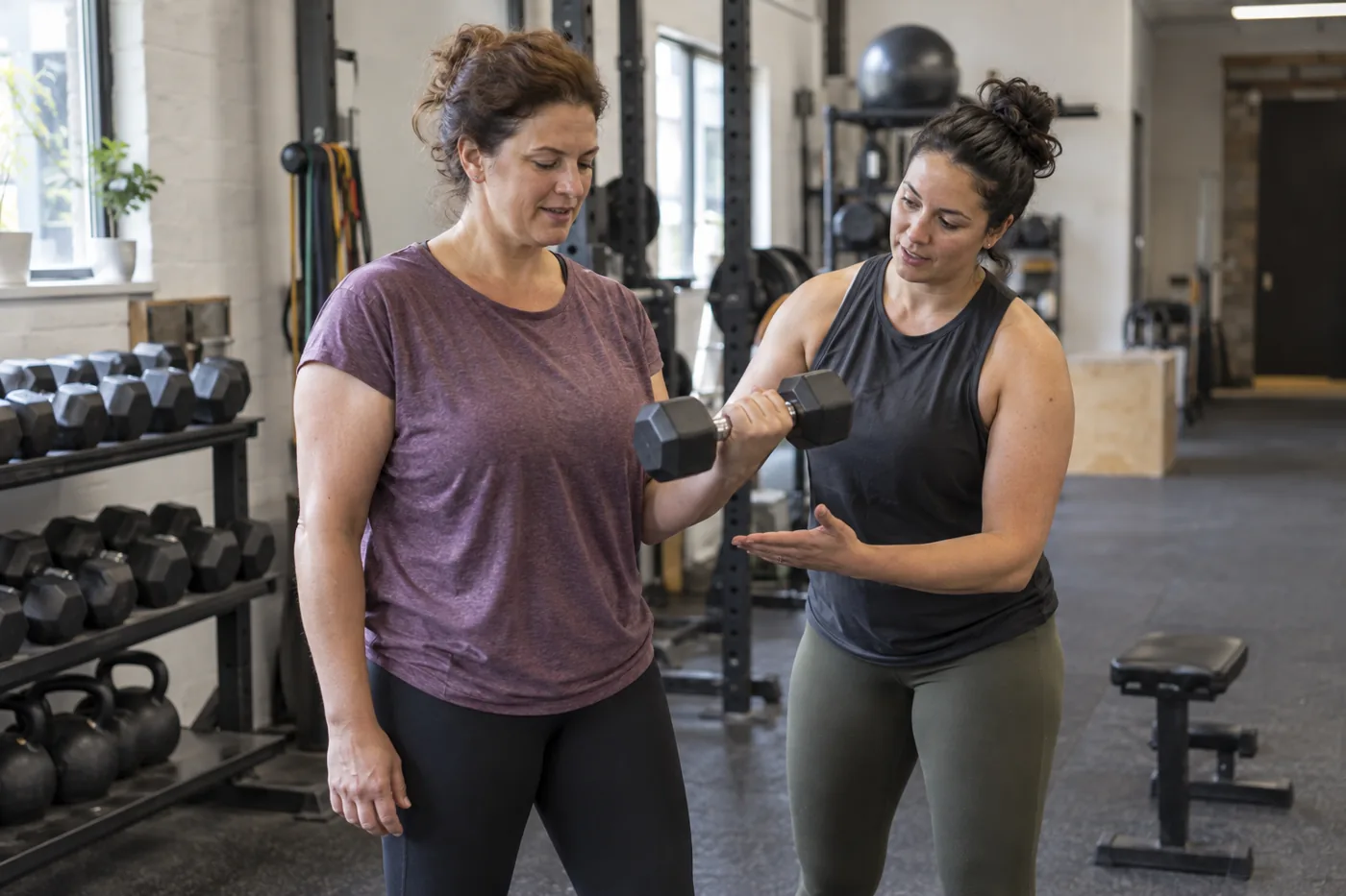 Trainerin begleitet eine Frau bei einer Kurzhantelübung im Fitnessstudio