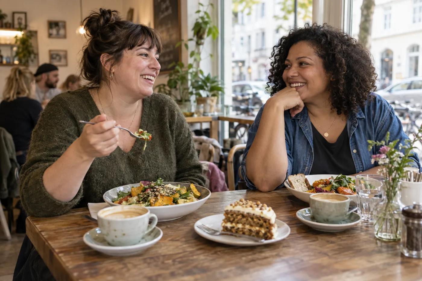Zwei Freundinnen genießen entspannt ein gemeinsames Essen im Café