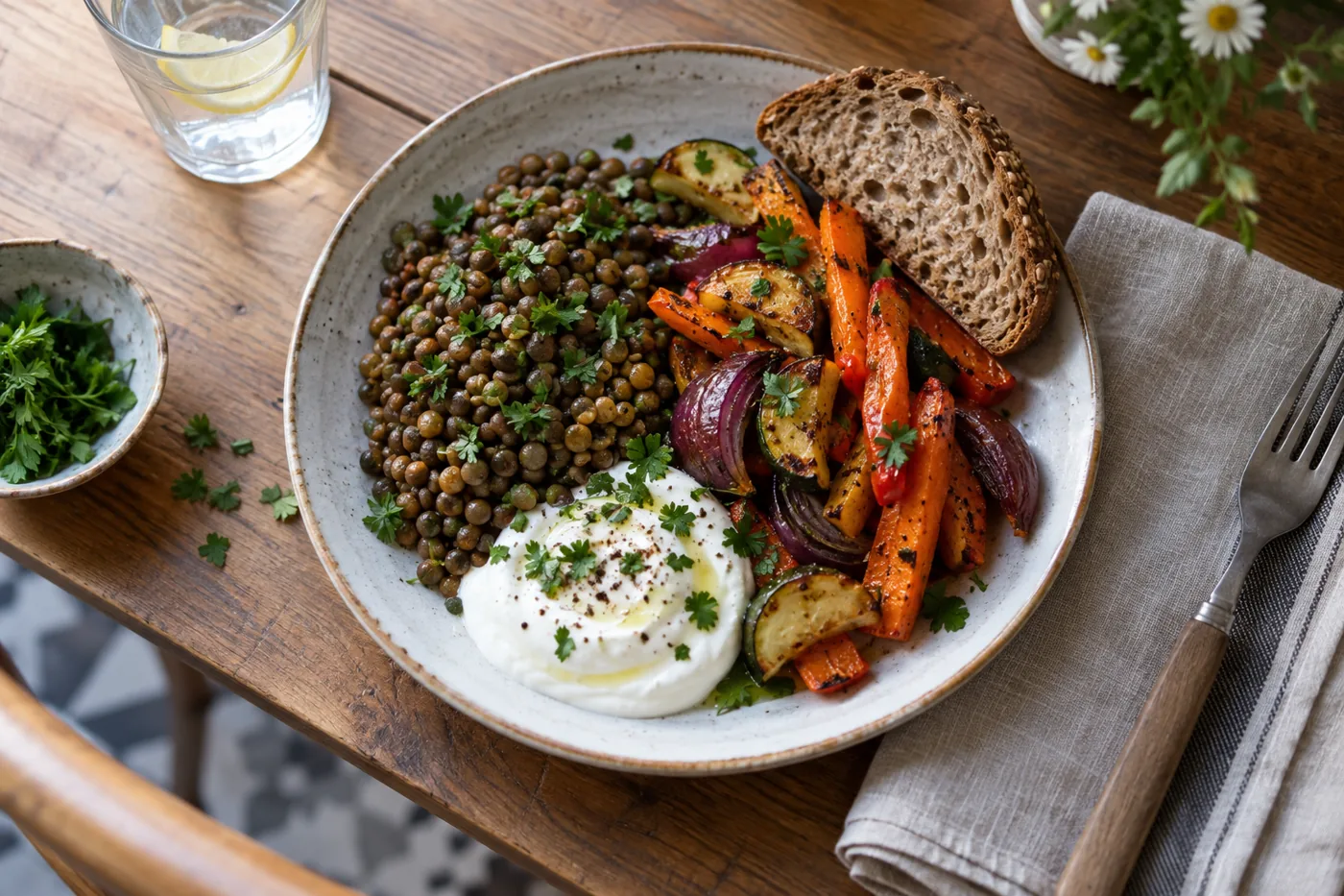 Alltagstauglicher Teller mit Linsen, Ofengemüse, Joghurt und Vollkornbrot