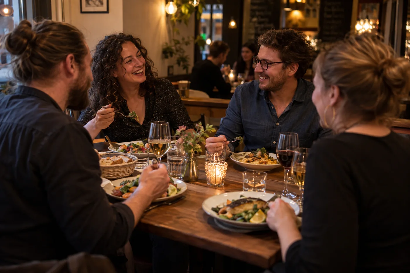 Vier Freunde genießen gemeinsam ein entspanntes Abendessen im Restaurant
