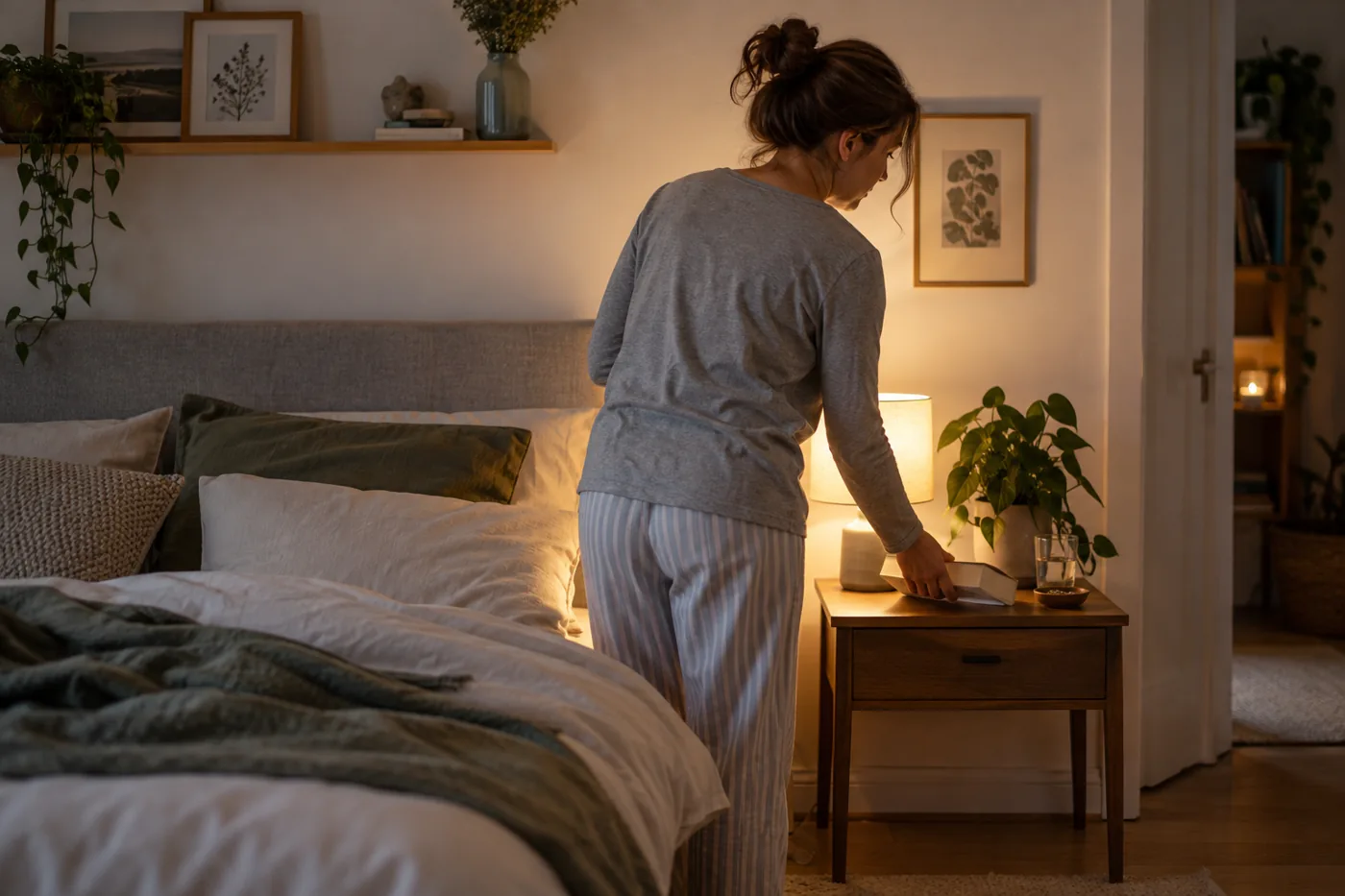 Frau legt abends ein Buch auf den Nachttisch in einem ruhigen Schlafzimmer