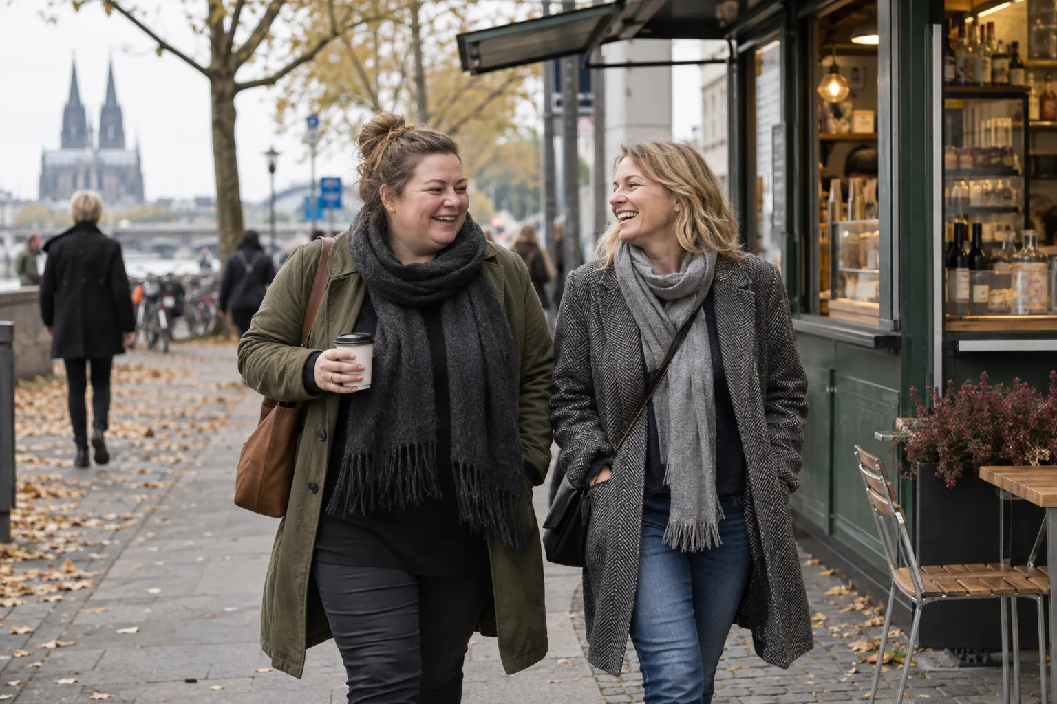 Zwei Freundinnen lachen bei einem Spaziergang durch die Stadt