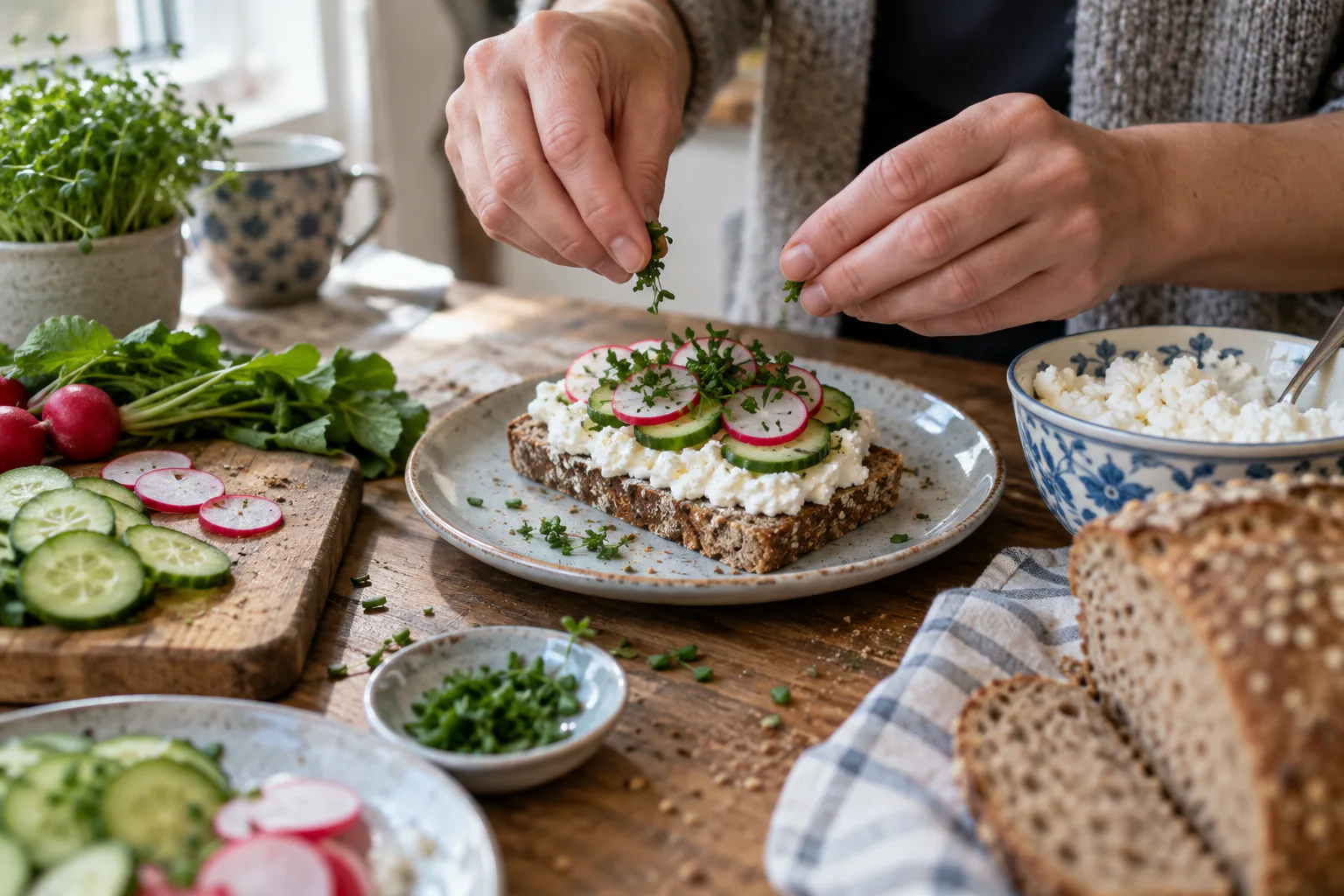 Vollkornbrot mit Frischkäse, Gurke und Radieschen